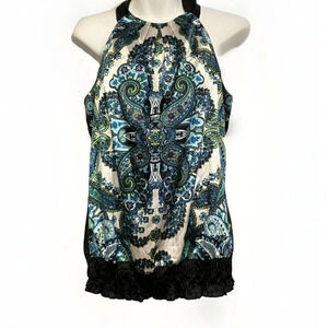 Studio Y Blouse Top Juniors Size XS Blue/White Halter Style Tie Back Key Hole